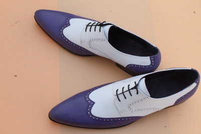 Crafted Leather Elegant and Classic Blue White Leather Pointed Toe Wingtip Oxford Lace up Dress Shoes