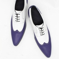 Crafted Leather Elegant and Classic Blue White Leather Pointed Toe Wingtip Oxford Lace up Dress Shoes - Thumbnail 3