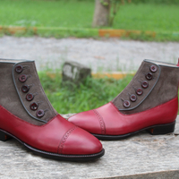 Crafted Leather Red Leather and Gray Suede Button Ankle High Men Dress Boot - Thumbnail 1