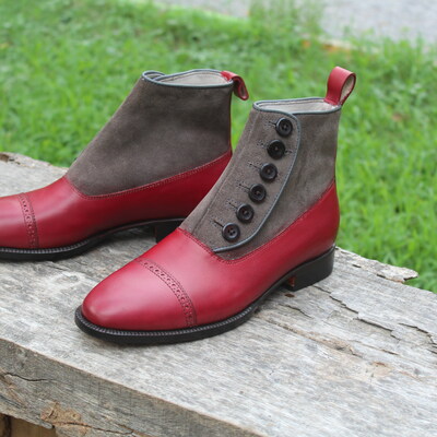 Crafted leather red leather and gray suede button ankle high men dress boot - Thumbnail 5