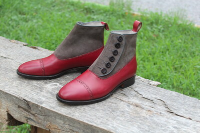 Crafted Leather Red Leather and Gray Suede Button Ankle High Men Dress Boot