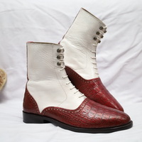 Crafted Leather Handmade White Leather Burgundy Crocodile/Alligator Ankle High Men Dress Boot - Thumbnail 1