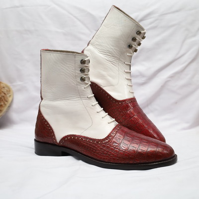 Crafted leather handmade white leather burgundy crocodile/alligator ankle high men dress boot - Thumbnail 5