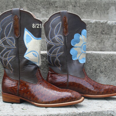 Crafted leather handmade classic men's fashion brown ostrich leather leather cowboy boots