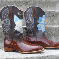 Crafted Leather Handmade Classic Men's Fashion Brown Ostrich Leather Leather Cowboy Boots - Thumbnail 1