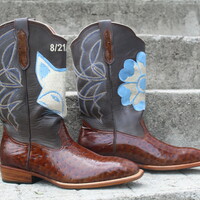 Crafted Leather Handmade Classic Men's Fashion Brown Ostrich Leather Leather Cowboy Boots - Thumbnail 2