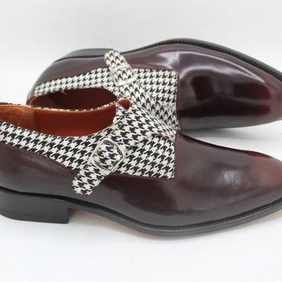 Crafted leather houndstooth fabric & patina single monk strap shoes - Thumbnail 5
