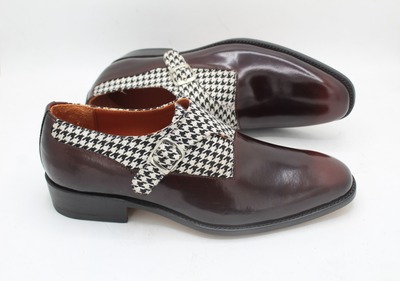 Crafted Leather Houndstooth Fabric & Patina Single Monk Strap Shoes