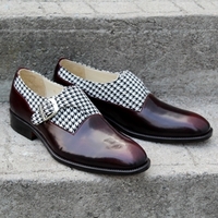 Crafted Leather Houndstooth Fabric & Patina Single Monk Strap Shoes - Thumbnail 2