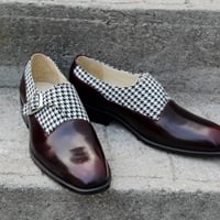 Crafted Leather Houndstooth Fabric & Patina Single Monk Strap Shoes - Thumbnail 3