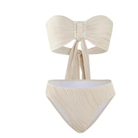 Ribbed Cream White Strapless Tie Up Two Piece Swimsuit Bikini Set - Thumbnail 1