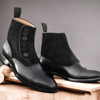  Handmade,Ankle High Button Boot Men's black Leather and Suede Boot. - Thumbnail 1