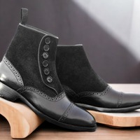  Handmade,Ankle High Button Boot Men's black Leather and Suede Boot. - Thumbnail 2