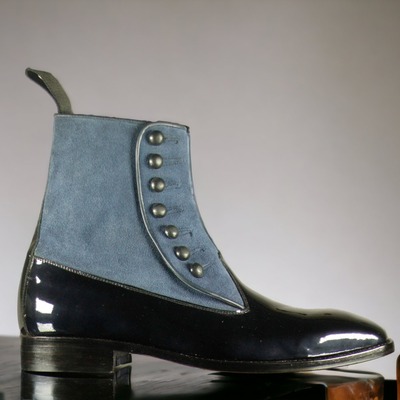 Handmade awesome men's ankle high boot leather designer blue suede black patent fashion button boot