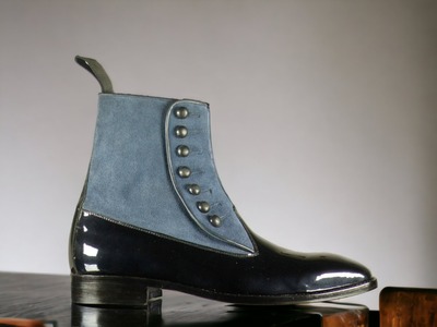 Handmade Awesome Men's Ankle High Boot Leather Designer Blue Suede Black Patent Fashion Button Boot