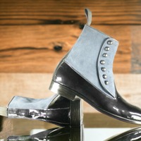 Handmade Awesome Men's Ankle High Boot Leather Designer Blue Suede Black Patent Fashion Button Boot - Thumbnail 1