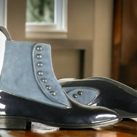 Handmade Awesome Men's Ankle High Boot Leather Designer Blue Suede Black Patent Fashion Button Boot - Thumbnail 2