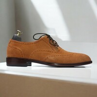 Handmade Office Business Oxford Lace Up Shoes Men Wing Tip Suede Leather brown Boot - Thumbnail 1