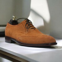 Handmade Office Business Oxford Lace Up Shoes Men Wing Tip Suede Leather brown Boot - Thumbnail 3
