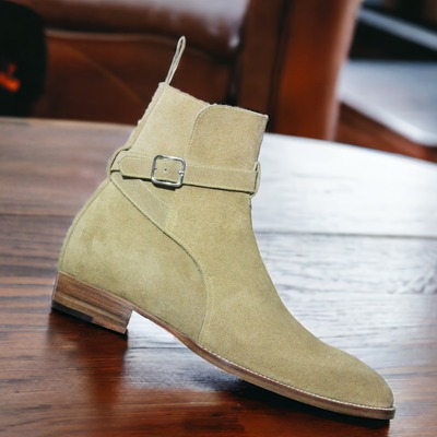 Handmade jodhpur brown ankle high boot men's beige suede leather boot 