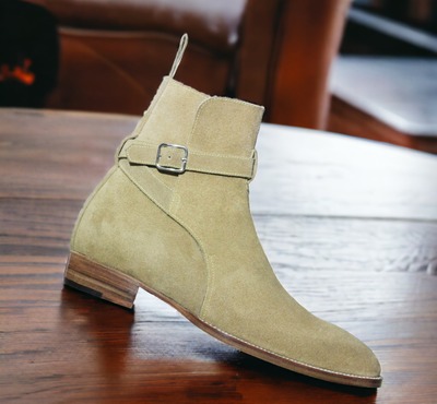 Handmade jodhpur Brown Ankle High Boot Men's Beige Suede Leather Boot 