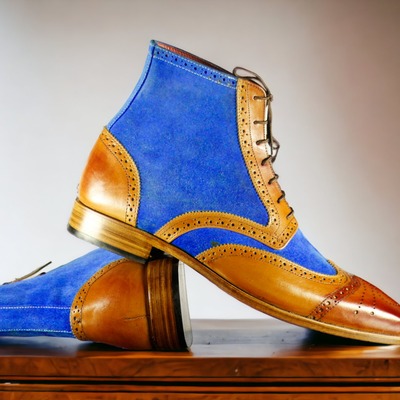 Handmade men's ankle high lace blue suede boot brown leather boot,wings toe brogue toe 
