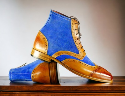 Handmade Men's Ankle High Lace Blue suede Boot Brown Leather Boot,Wings Toe Brogue Toe 