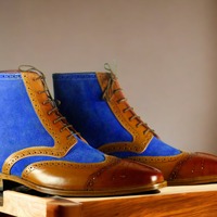 Handmade Men's Ankle High Lace Blue suede Boot Brown Leather Boot,Wings Toe Brogue Toe  - Thumbnail 1