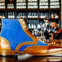Handmade Men's Ankle High Lace Blue suede Boot Brown Leather Boot,Wings Toe Brogue Toe  - Thumbnail 2