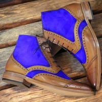 Handmade Men's Ankle High Lace Blue suede Boot Brown Leather Boot,Wings Toe Brogue Toe  - Thumbnail 3