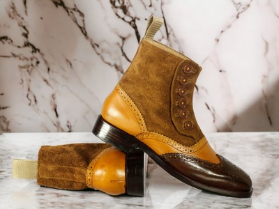 Handmade Awesome Men's Ankle High Boot,Leather Designer Suede Brown Patent Fashion Button Boot