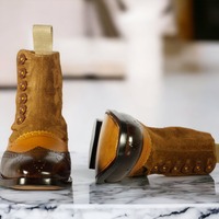 Handmade Awesome Men's Ankle High Boot,Leather Designer Suede Brown Patent Fashion Button Boot - Thumbnail 1