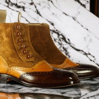 Handmade Awesome Men's Ankle High Boot,Leather Designer Suede Brown Patent Fashion Button Boot - Thumbnail 2