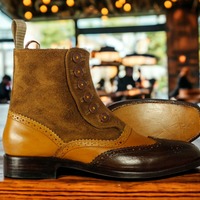 Handmade Awesome Men's Ankle High Boot,Leather Designer Suede Brown Patent Fashion Button Boot - Thumbnail 3