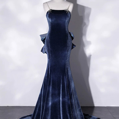 Blue velvet long mermaid prom dress - Thumbnail 1