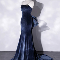 Blue Velvet Long Mermaid Prom Dress - Thumbnail 1