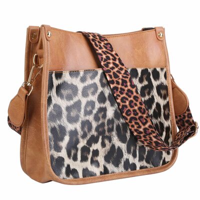 Women fashion leather crossbody bag shoulder bag casual handbag with flexible wearing styles adjustable guitar strap-leopard