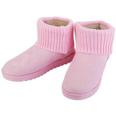 Women Lady Snow Boots Suede Mid-Calf Boot Shoe Short Plush Warm Lining Shoes w/ Anti-slip Rubber Base Knitting Design-Pink-6