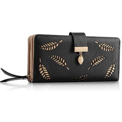 Women wallet pu leather lady long purse phone clutch case credit card holder 11 card slots 1id window 5 money pouch-black