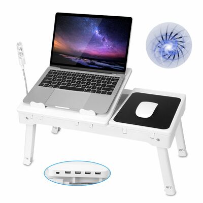 Foldable Laptop Table Bed Desk w/Cooling Fan Mouse Board LED 4 USB Ports Snacking Tray with Storage for Home Office-White