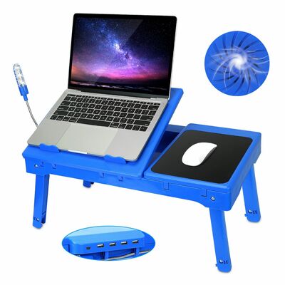 Foldable laptop table bed desk w/cooling fan mouse board led 4 usb ports snacking tray with storage for home office-blue
