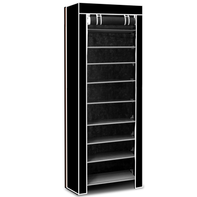 10 tiers diy shoe cabinet dustproof easy assemble tidy shoe rack non-woven fabric holding 27 pair shoes black-black