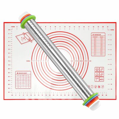 Stainless steel rolling pin with 4 adjustable rings, rolling mat - baking pizza, fondant & pie - 150 characters.-red