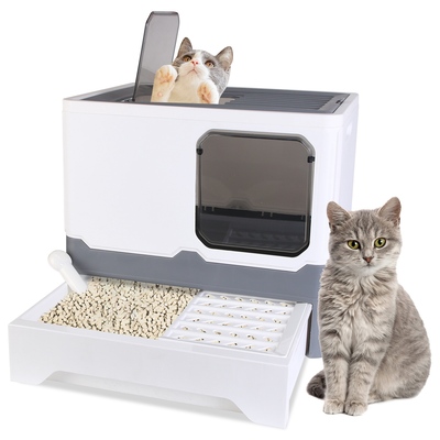 Foldable cat litter box with lid enclosed kitty litter box anti splashing cat toilet tray with litter scoop-gray