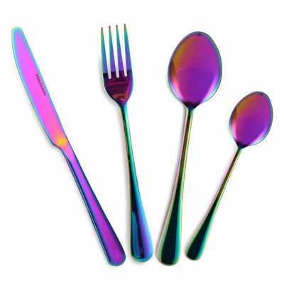 4-piece stainless steel flatware set with fork, knife, and tea spoon for home, kitchen, hotel, and restaurant