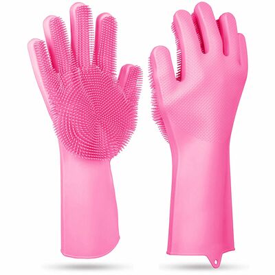1 pair silicone dishwashing gloves | cleaning sponge scrubber | heat resistant | pet safe | wash gloves-pink