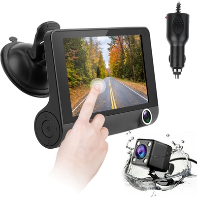 FHD 1080P Touch Screen Car DVR Dash Camera 4In 3 Lens Vehicle Driving Recorder Seamless Loop Recording-Black