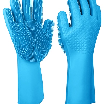 1 pair magic silicone brush dishwashing gloves cleaning sponge pet scrubber heat resistant wash gloves-blue