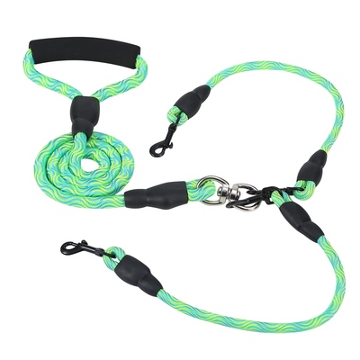 Double dogs leash no-tangle dogs lead reflective dogs walking leash w/ swivel coupler padded handle-green