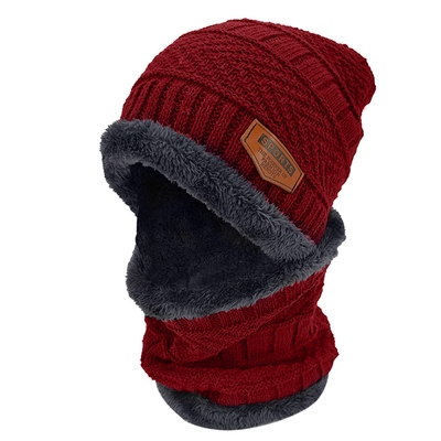 Winter beanie hat scarf set unisex warm knitting skull cap neck warmer for walking running hiking camping outdoors gift-red